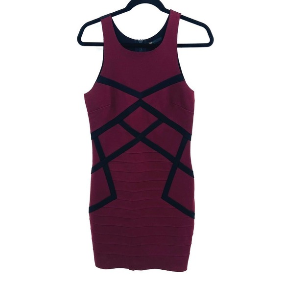 MAJE Destinee Burgundy Black Geometric Bodycon Sleeveless Mini Dress Size 3 - Picture 3 of 11
